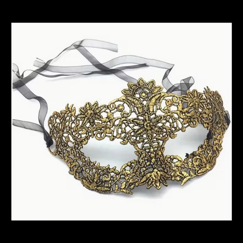Gold lace masquerade mask with black ribbons