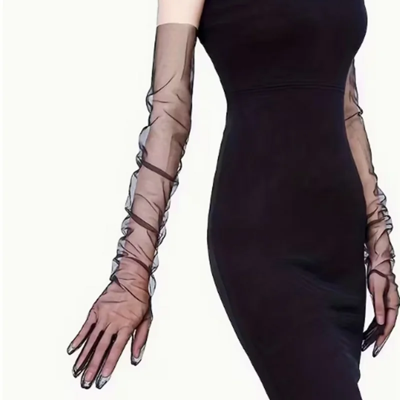 Long sheer black mesh gloves