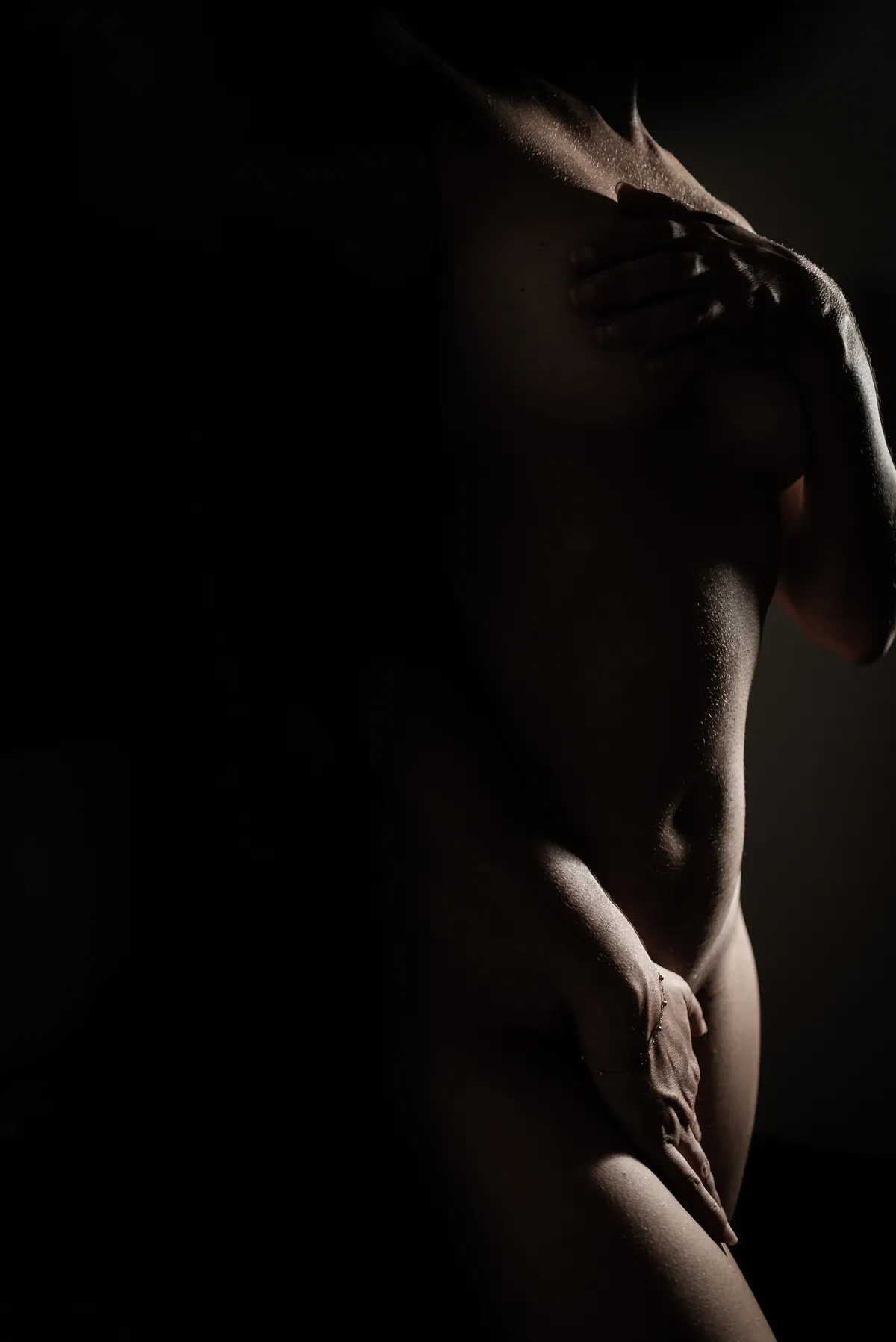 Low-key fine-art portrait tracing the standing female form with selective studio light