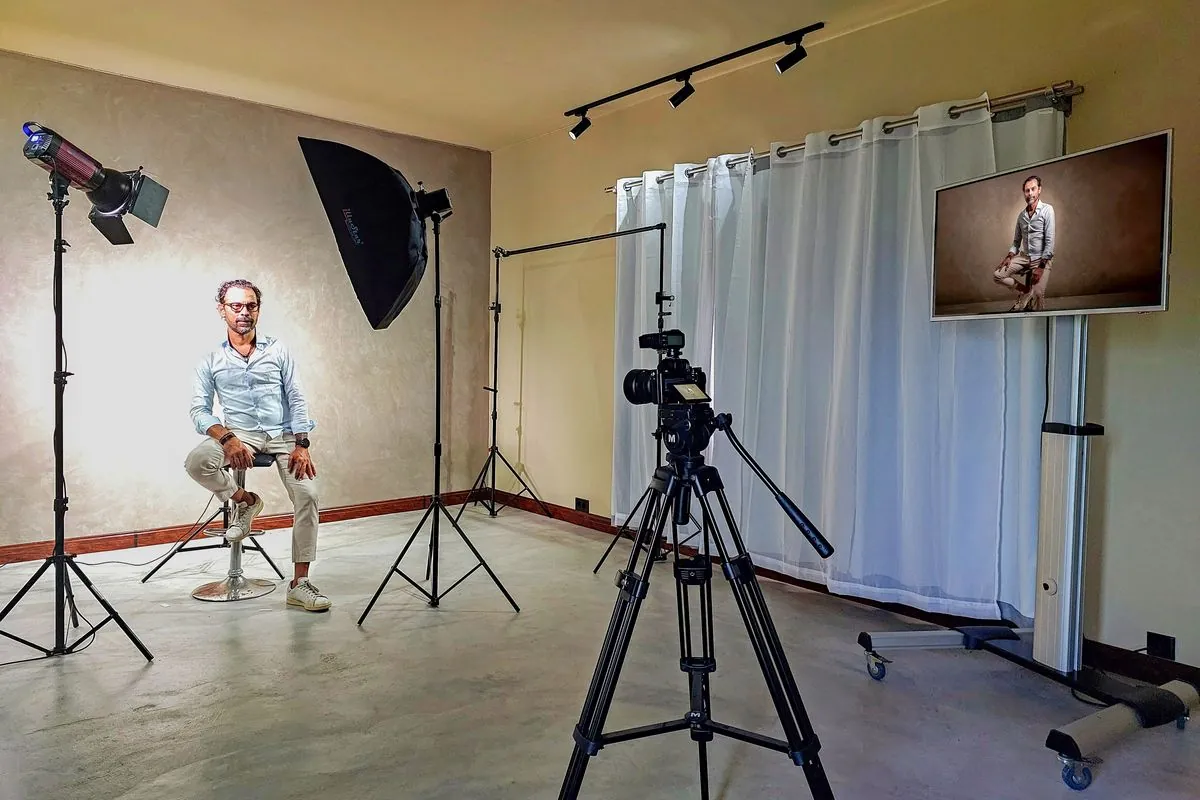Full Boudoir Studio setup with portrait lighting, background and preview display