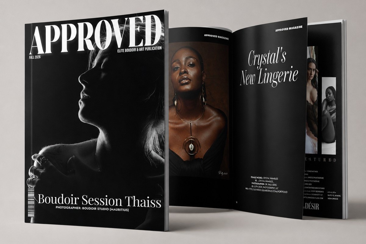 3D mockup of Approved Magazine featuring a boudoir photography cover by Boudoir Studio Mauritius