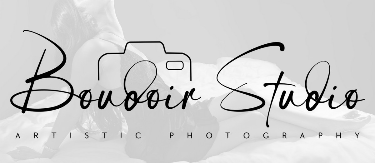 Boudoir Studio Mauritius logo overlay photo of Mauritian woman posing in black lingerie on bed for intimate photography