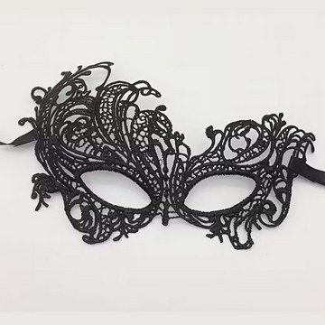 Black lace masquerade mask with intricate patterns, used as a studio photoshoot accessory.